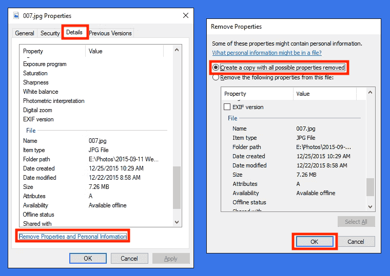 Removing metadata and geolocation from a photo using Windows tools