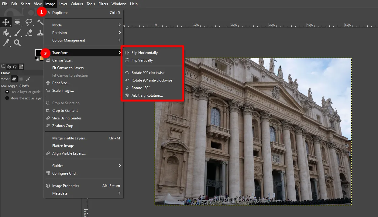 Расположение функции поворота изображения в редакторе GIMP