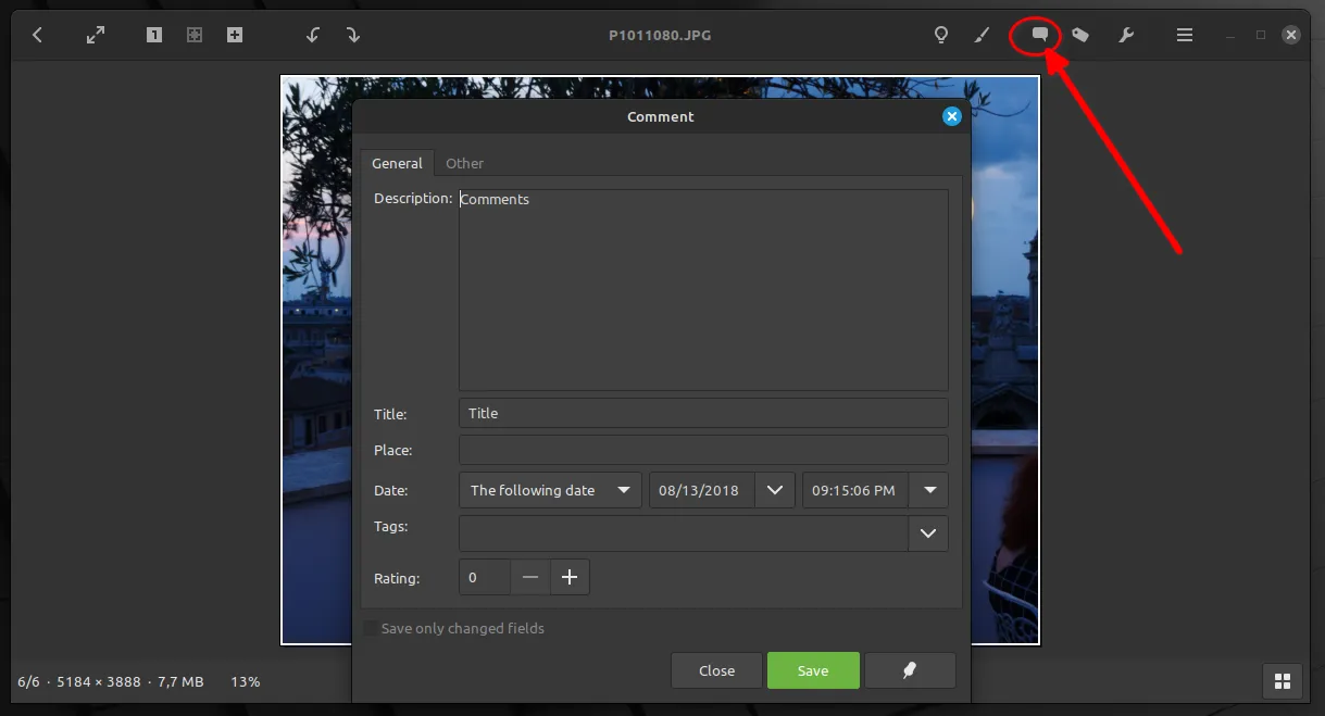 Viewing the title and description of a photo in Linux Mint using the Pix app