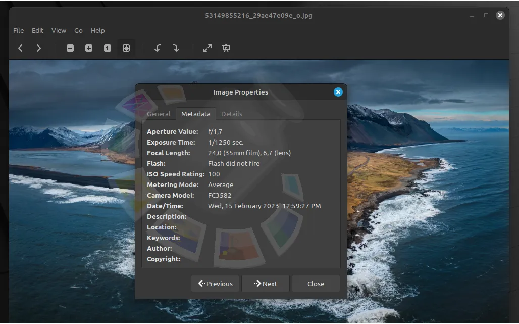 Метаданные изображения в приложении Xviewer в OS Linux