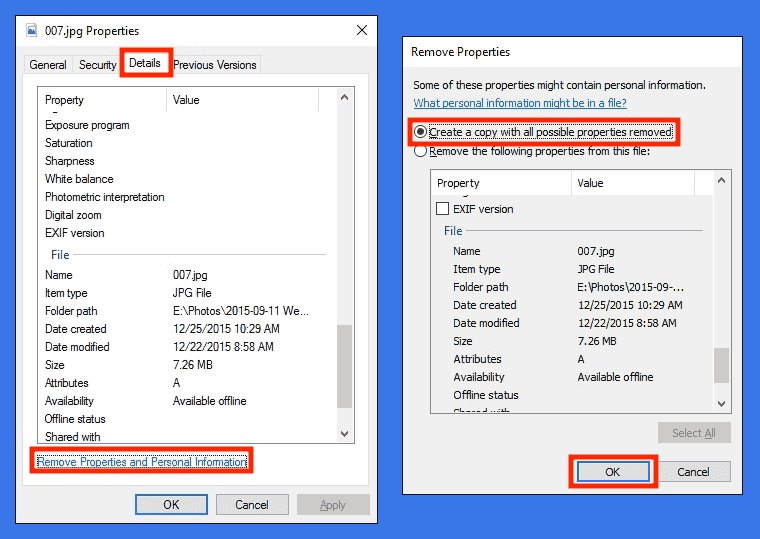 Rimozione di metadati e geolocalizzazione da una foto utilizzando gli strumenti di Windows