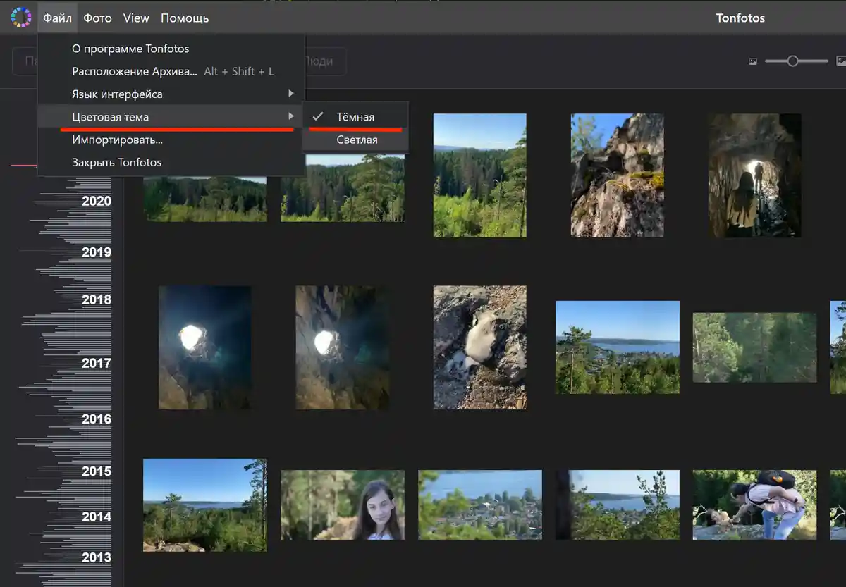 включение тёмной темы интерфейса в Tonfotos