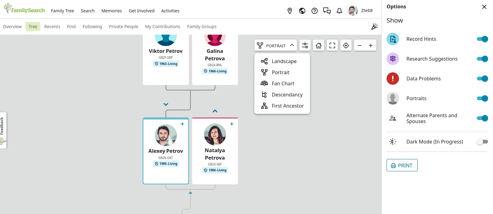 Interface of the online family tree constructor FamilySearch