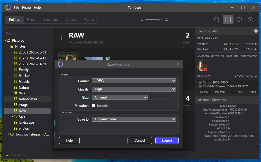 Export RAW to JPEG using Tonfotos