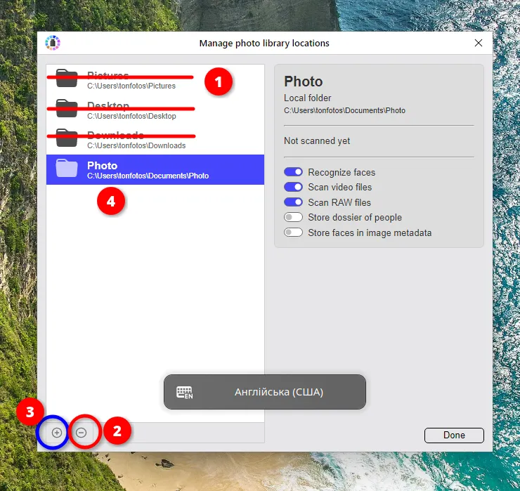 Configuration préalable de l'importation des photos dans Tonfotos