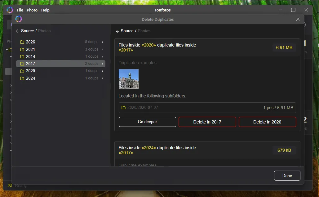 An example of displaying duplicate photos in different folders in Tonfotos