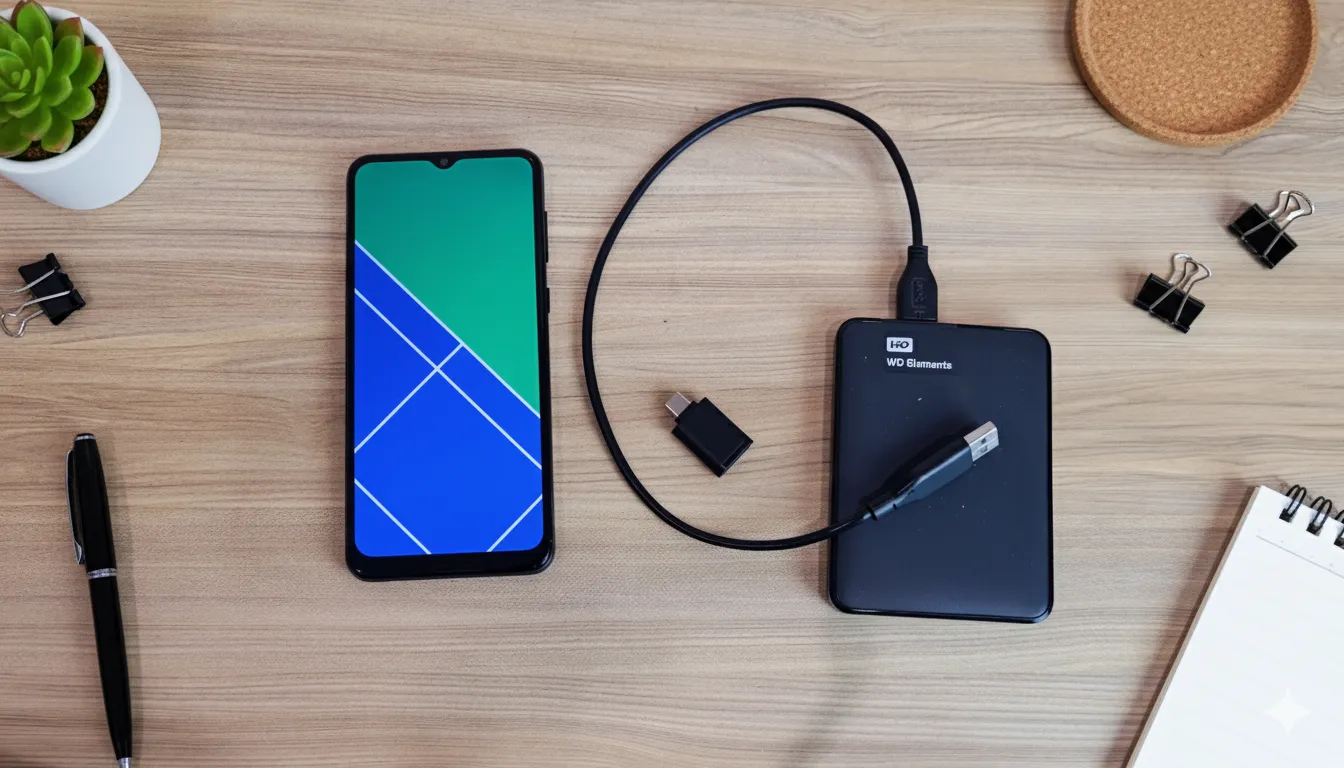 An example of an external drive with cables for a Samsung phone