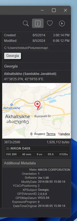 Displaying GPS coordinates of a place in a photo in the Tonfotos program