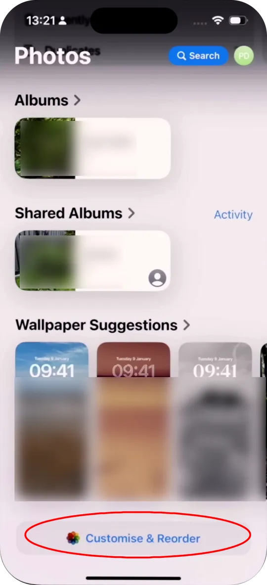 Button for customizing sections of the Photos iPhone app