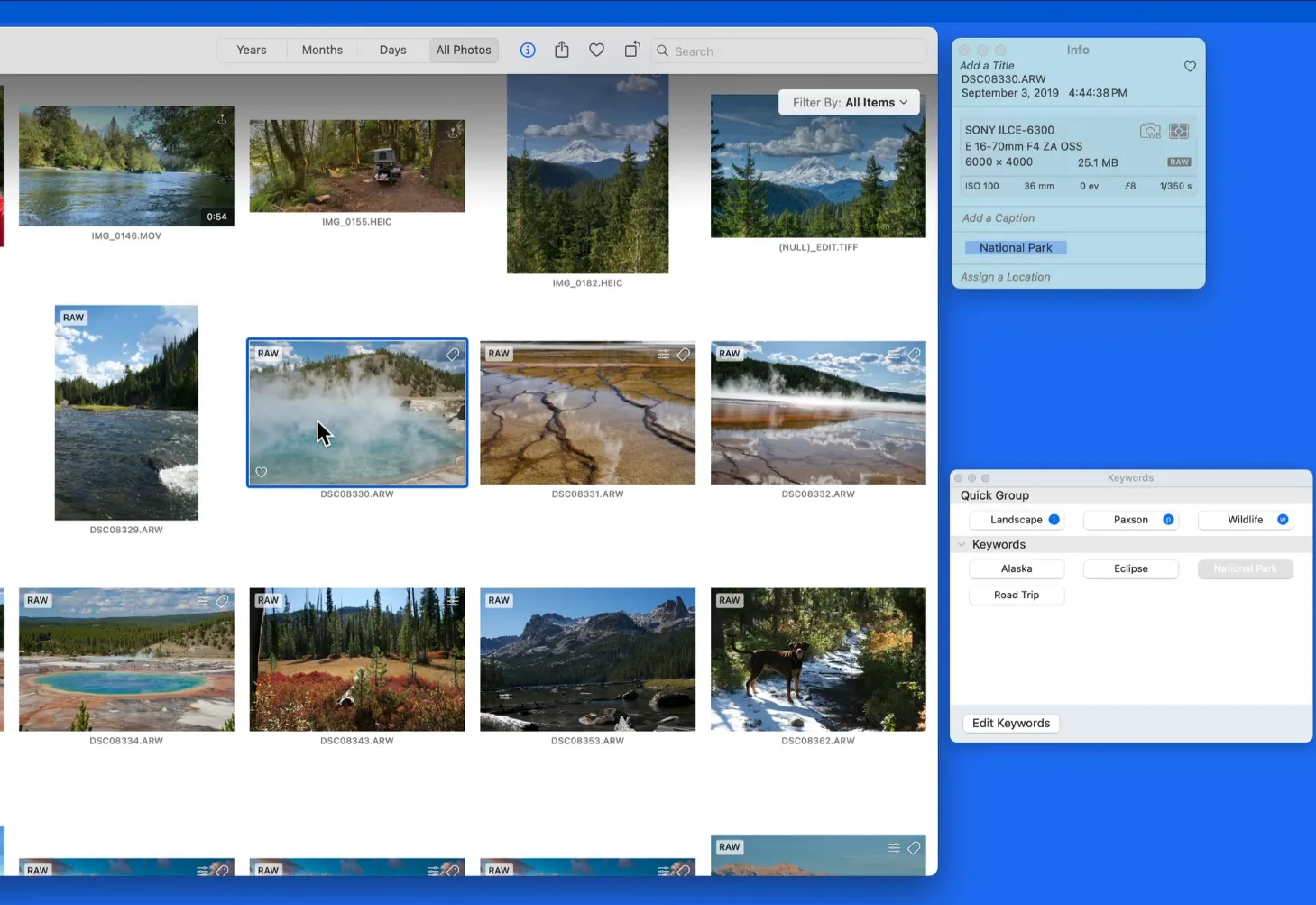 Keyword entry window and display of tags in photo metadata