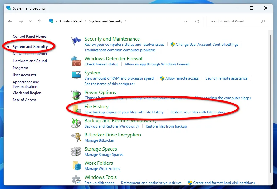 Ubicación de la solución Historial de archivos en el Panel de control de Windows 10/11