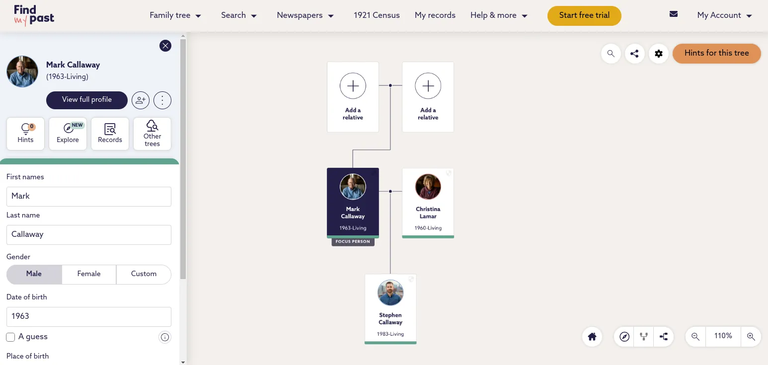 Interface for creating a family tree in Findmypast