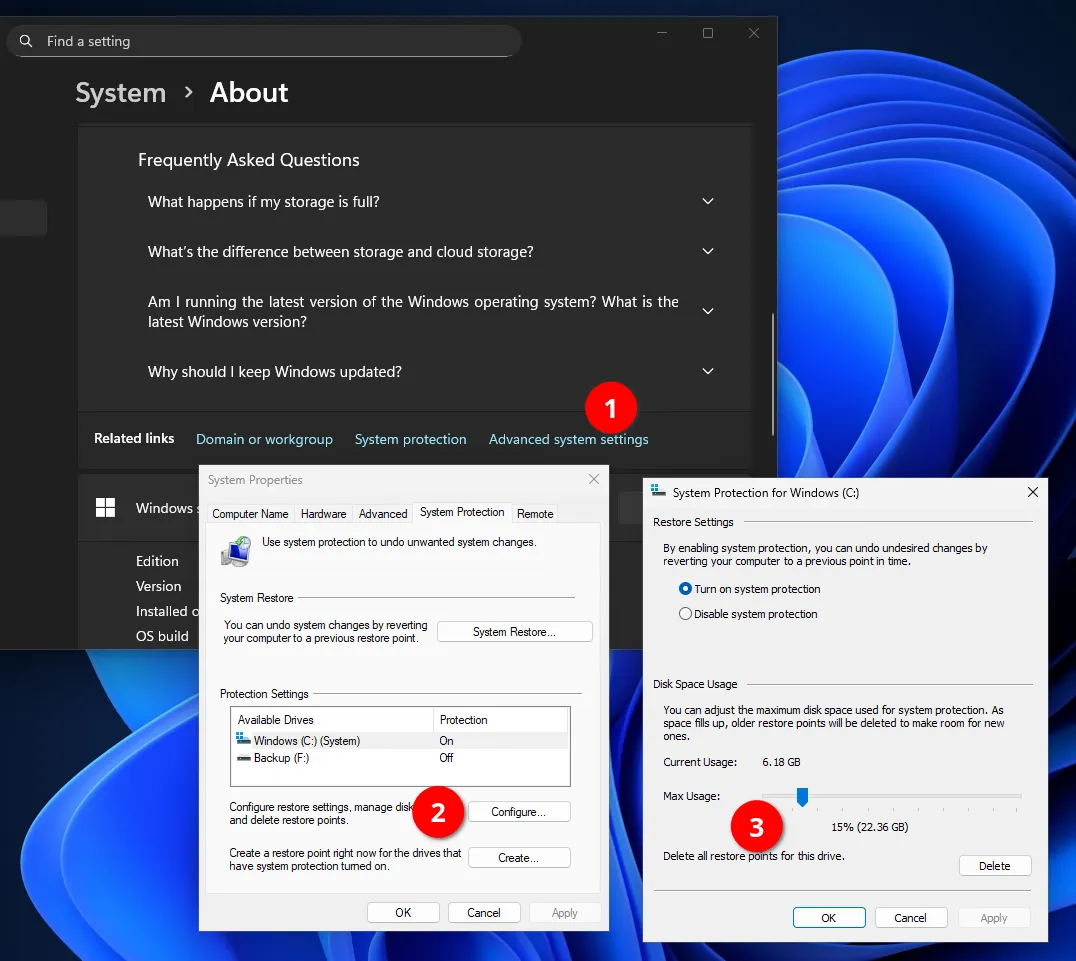 Setting the allocated space for a restore point