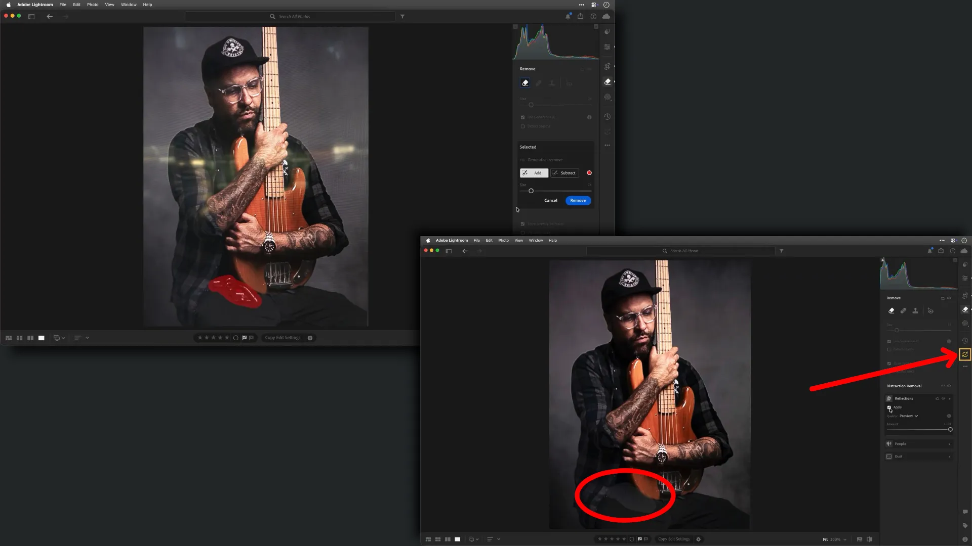 Das Ergebnis der Anwendung von KI-Tools in Lightroom in der falschen Reihenfolge
