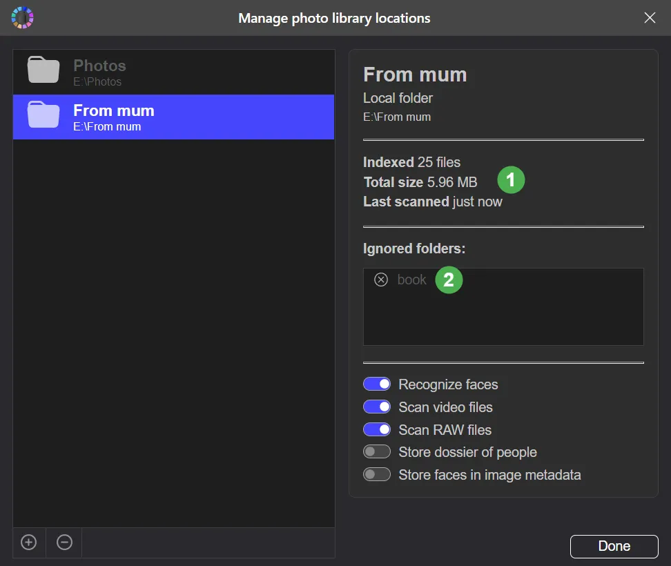 The Manage photo library locations dialog showing a library location with one of the subfolders excluded