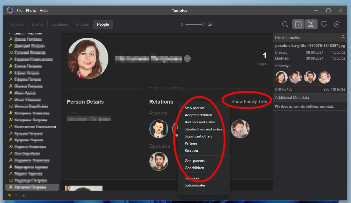 Filling out a person's profile in the People section of Tonfotos