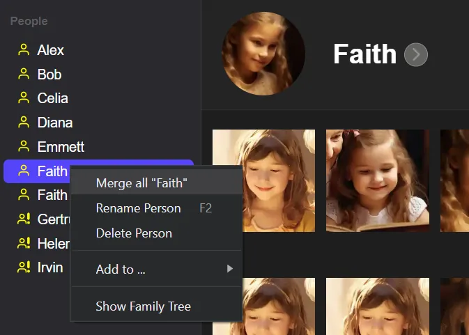 The context menu suggests merging two people named Faith under the same ID