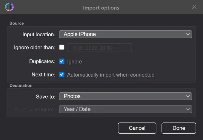 The Tonfotos dialog for importing media files from your phone