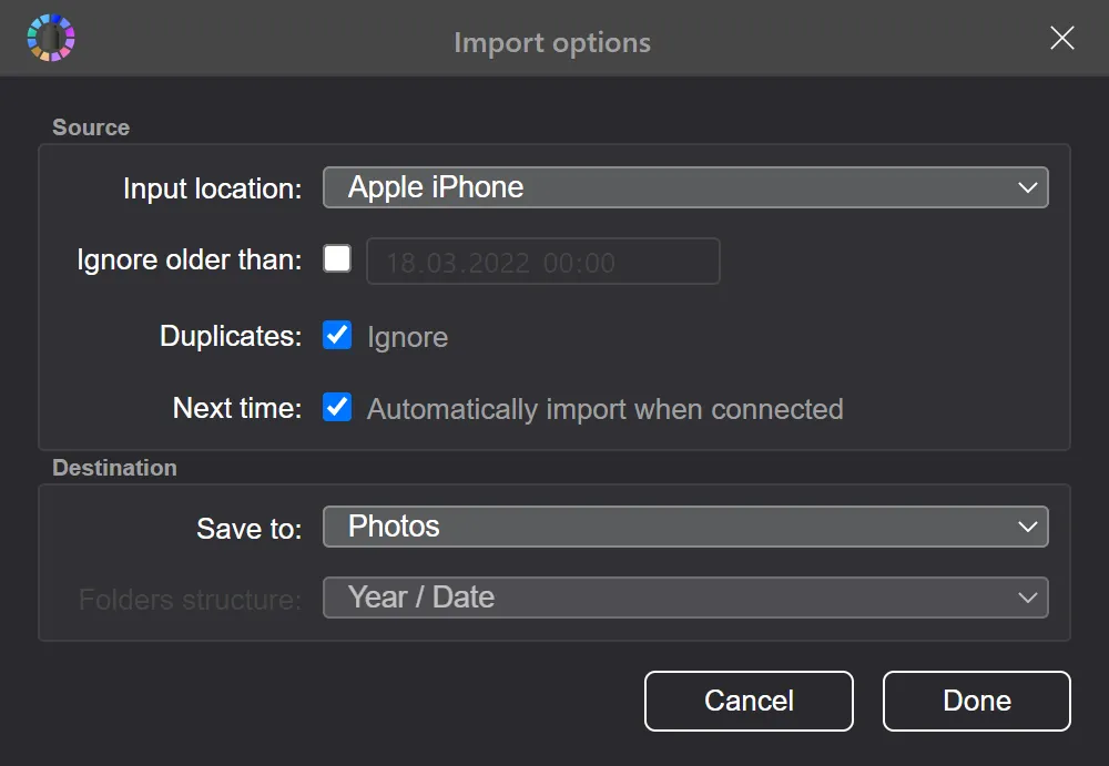 Dialog of import settings from iPhone in the Tonfotos application