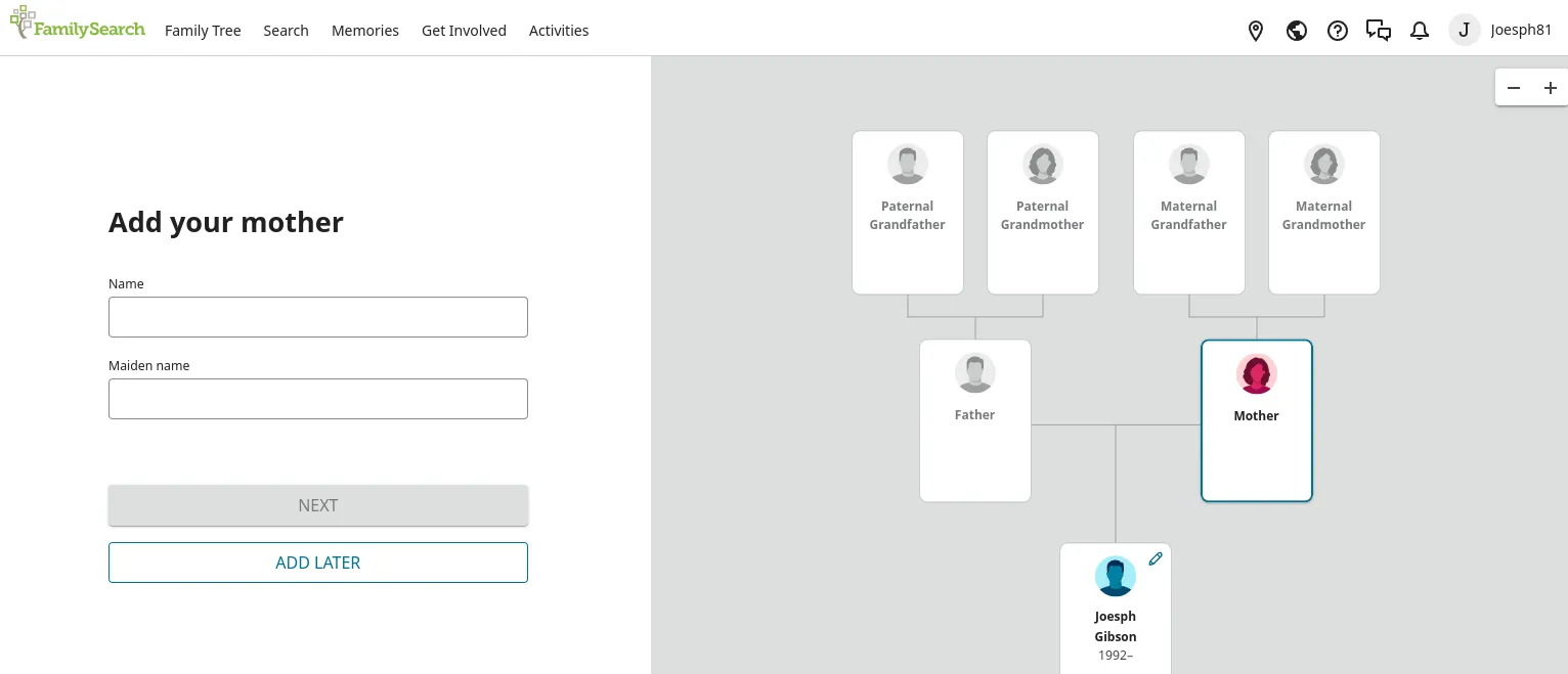 FamilySearch Initial Family Tree Setup Wizard