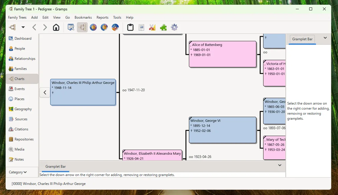 Interface of Gramps and example of a family tree