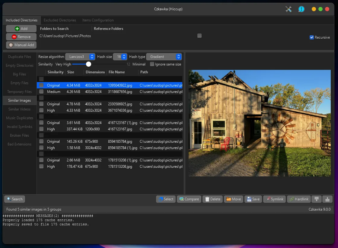 Результаты работы и интерфейс Czkawka
