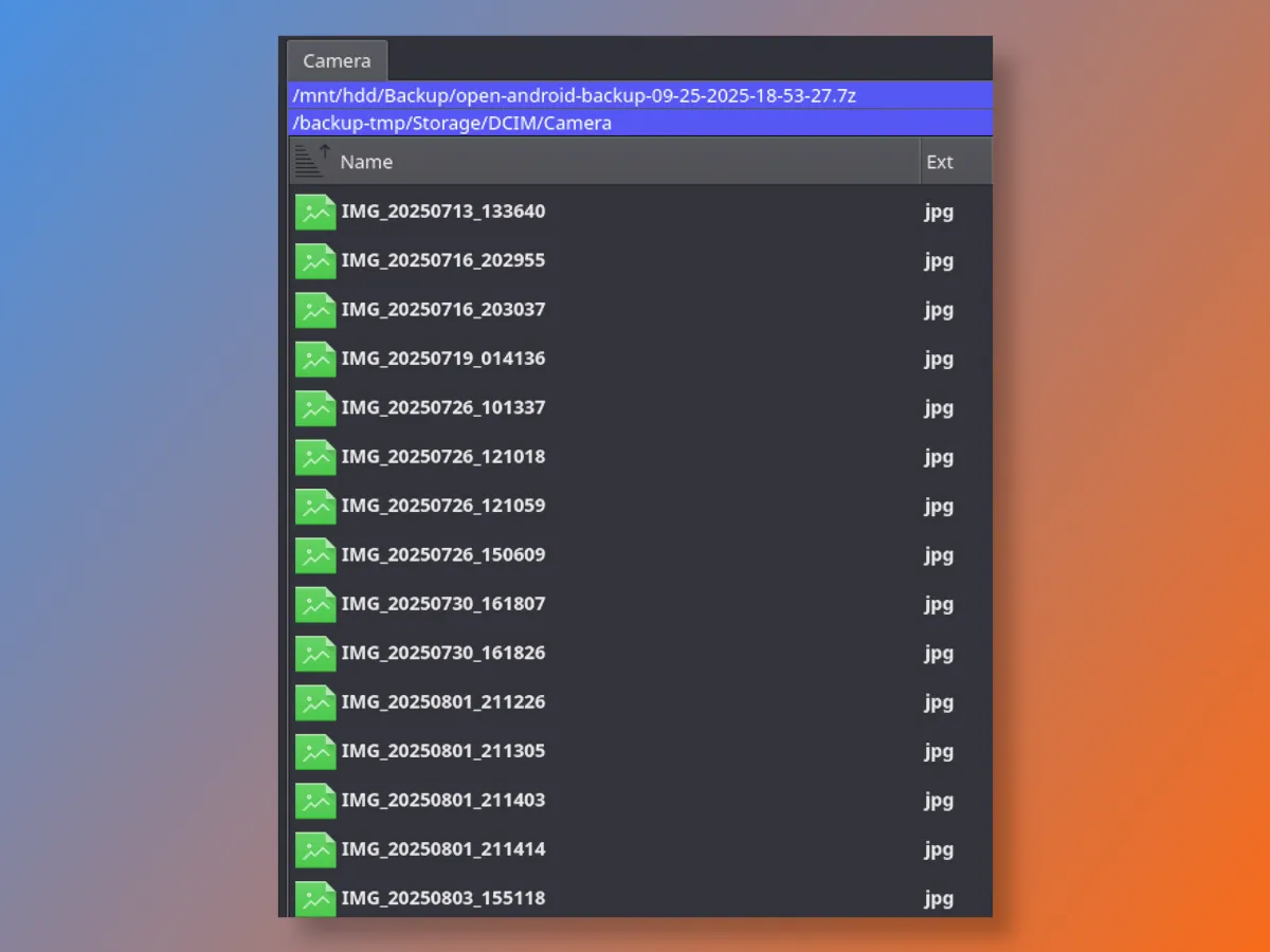 An example of the location of photos in an Android backup archive