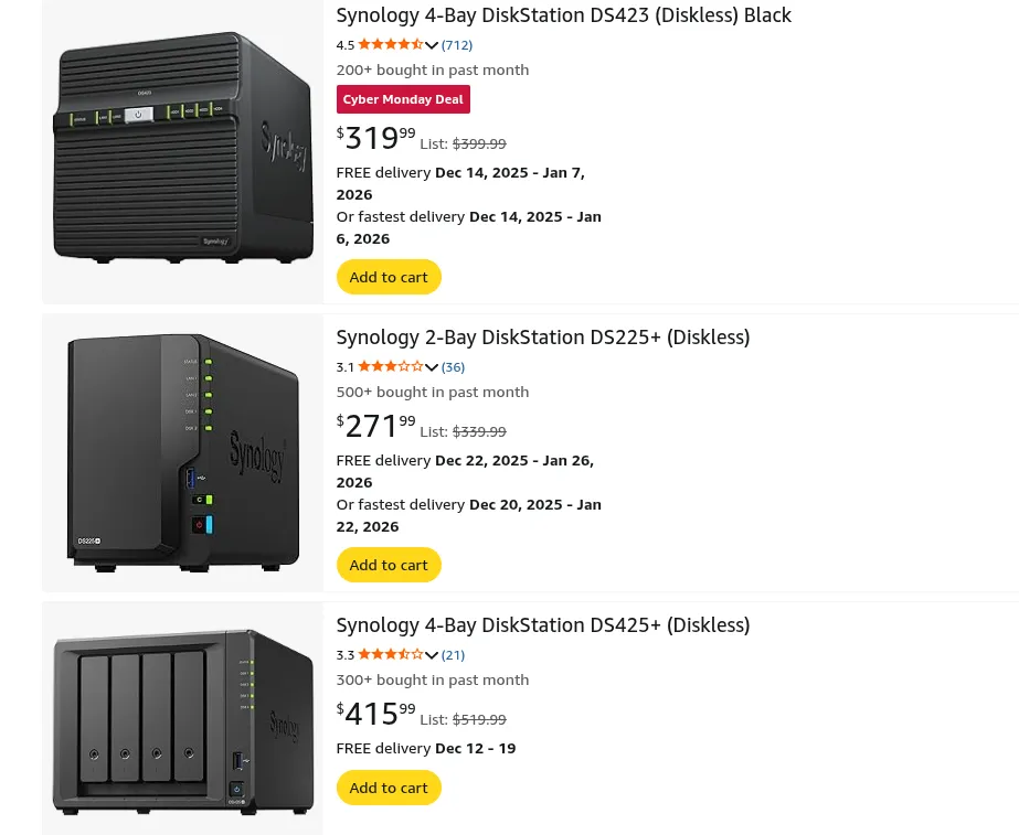 Synology NAS pricing examples on Amazon