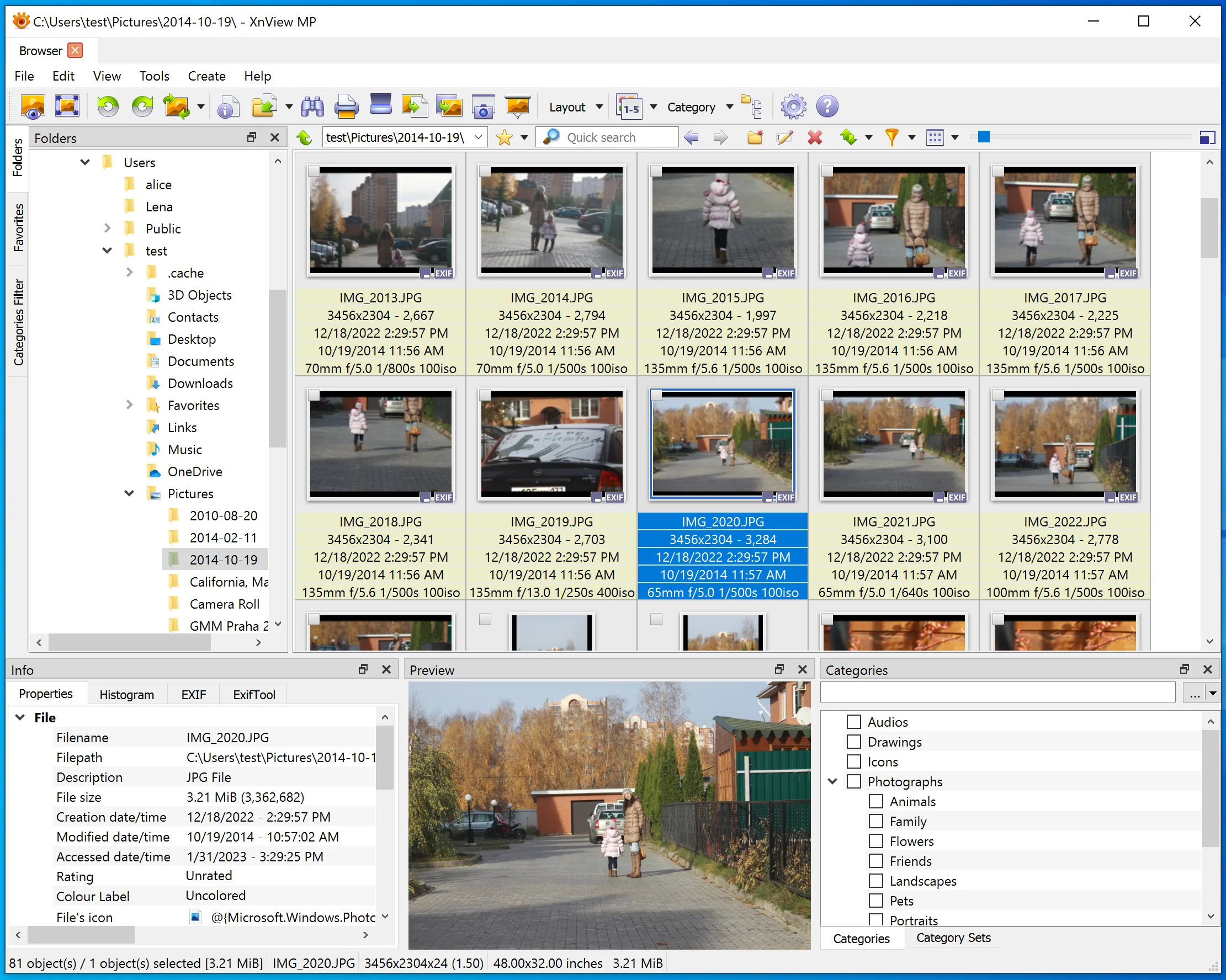 The XnView interface is overloaded with a large number of additional panels