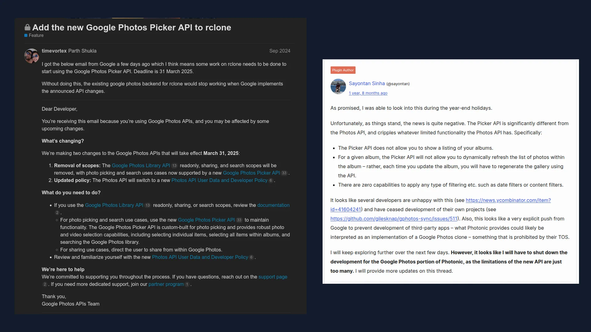 Developer comments on the new implementation of the Google Photos Library API