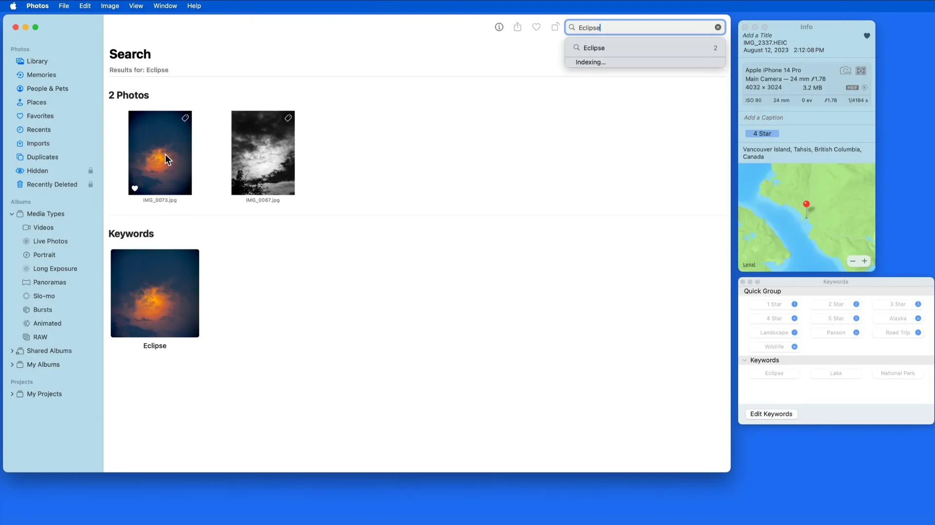 Example of searching photos by tags