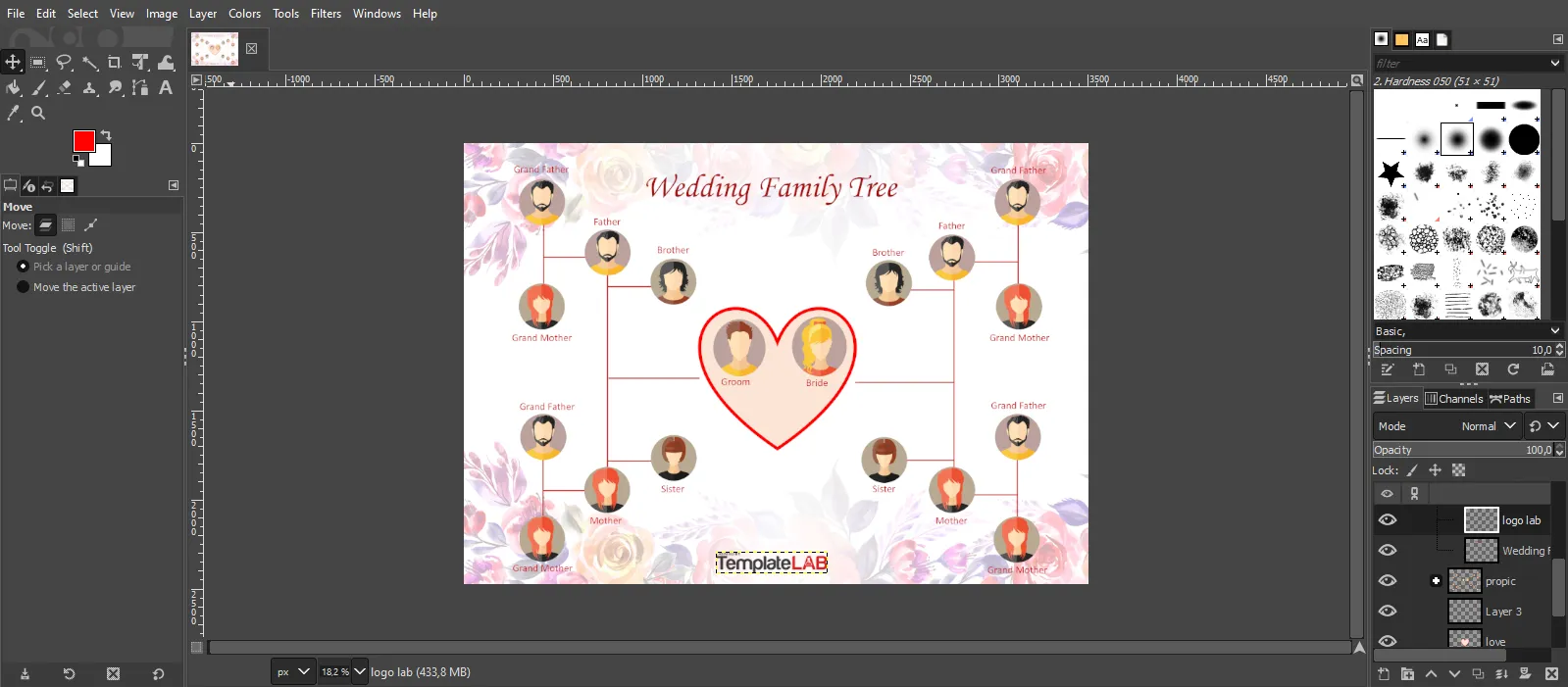 Making edits to a ready-made family tree template using GIMP