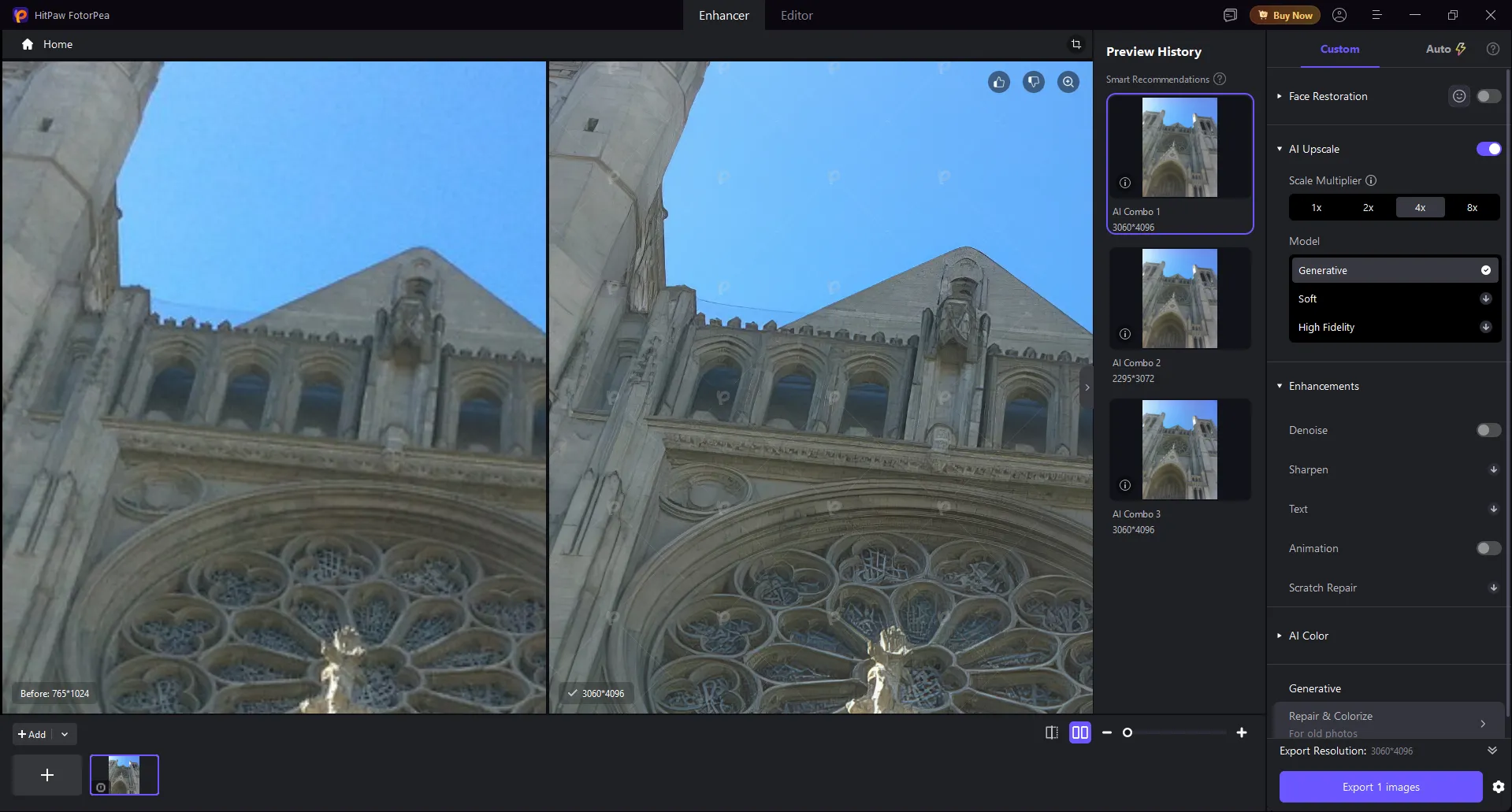 Interface and example of processing a photo in HitPaw FotorPea