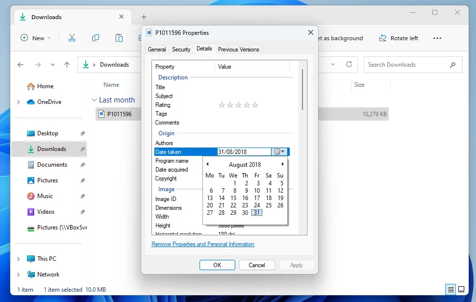 Changing the date information of a photo in Windows Explorer