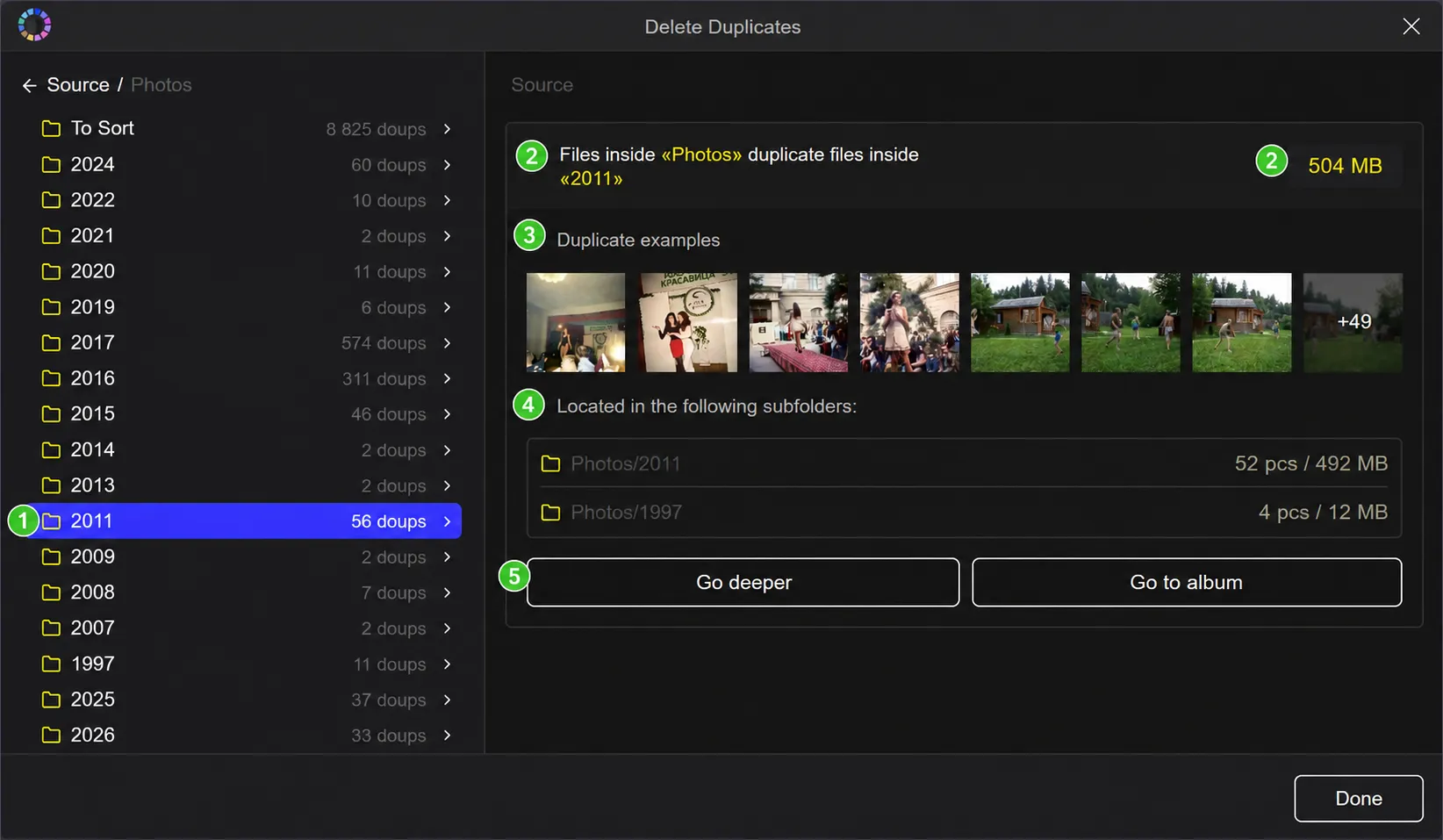 The Delete Duplicates dialog allows you to navigate and compare different folders in your archive