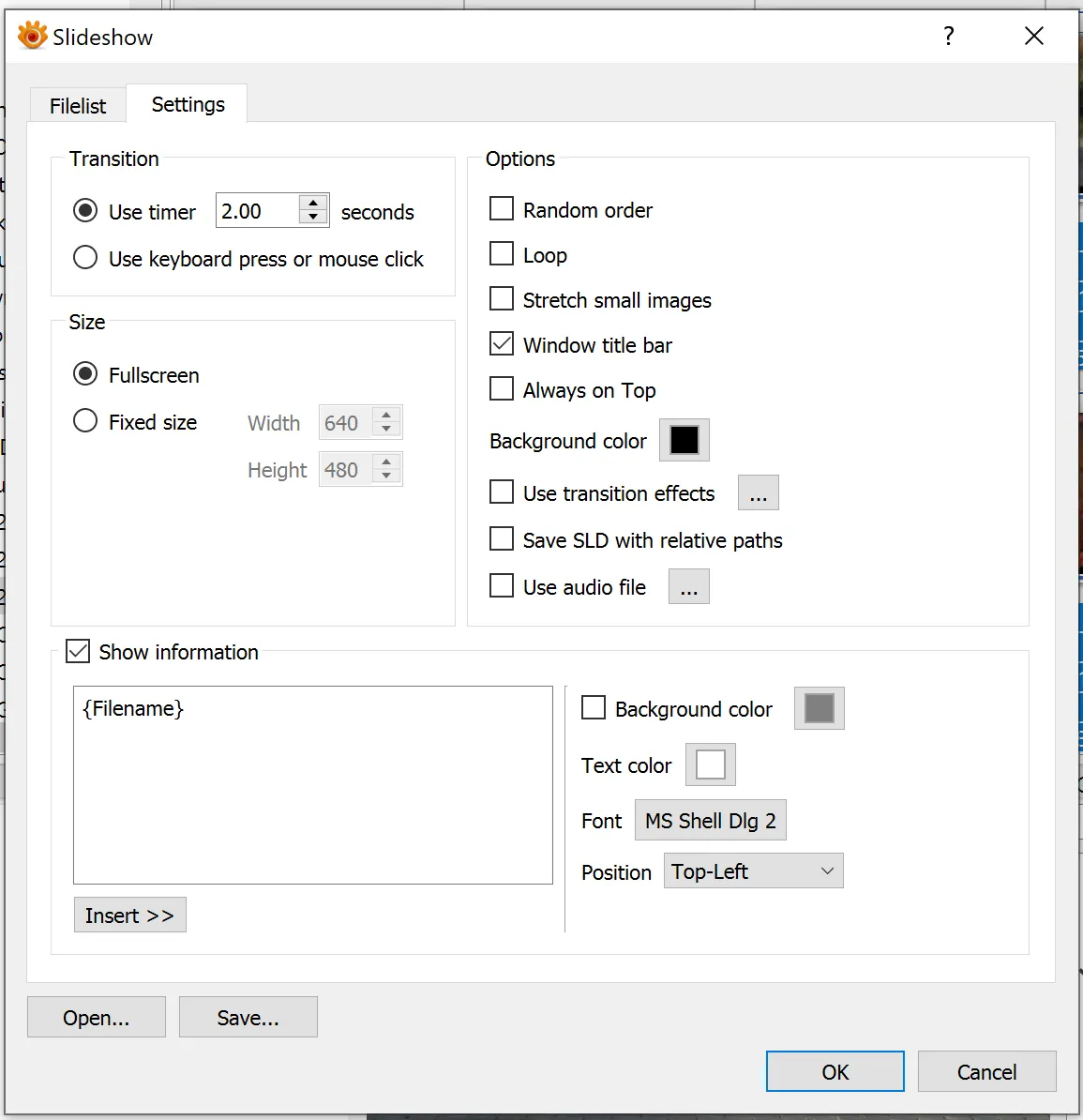 Cuadro de diálogo de configuración con dos pestañas antes de iniciar una presentación de diapositivas en XnView MP