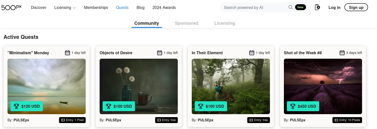 Example of quests for photographers at 500px