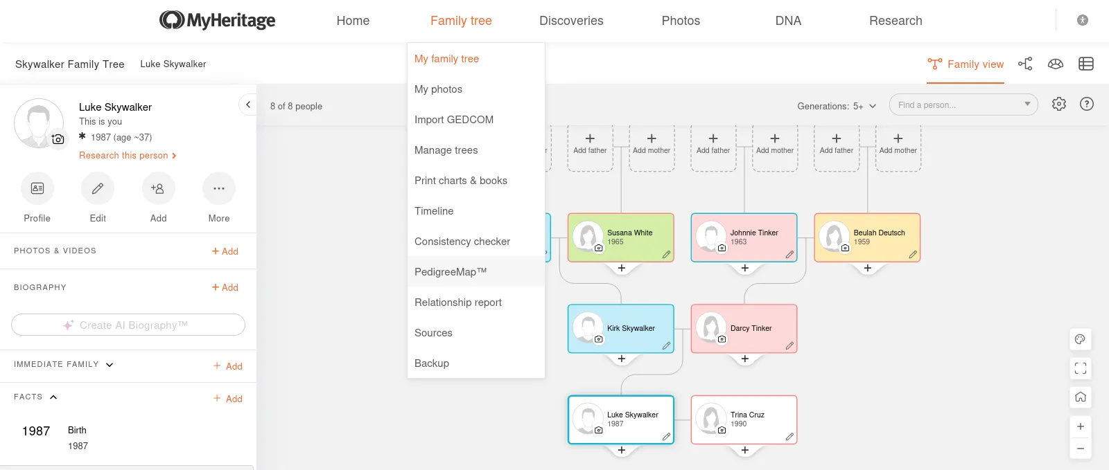 MyHeritage Family Tree Designer Interface