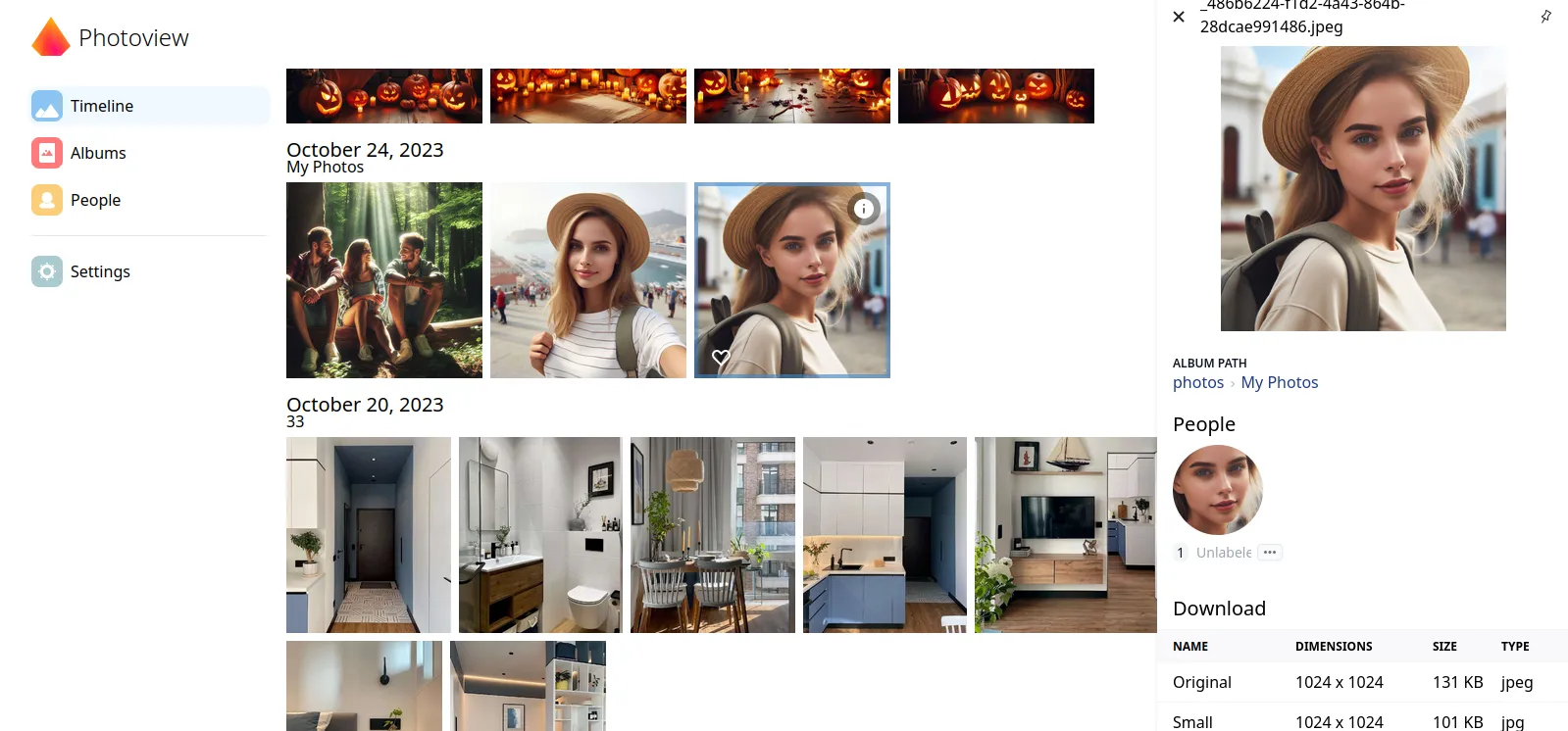 Web interface of the server program for storing photos Photoview