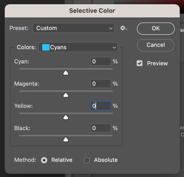 Opening the Selective Color tool panel