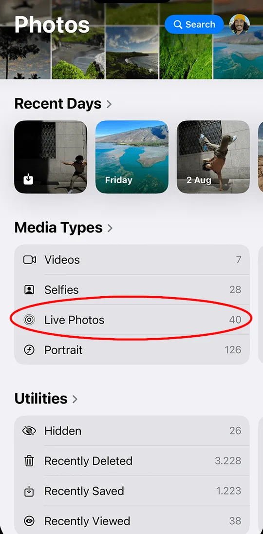 Live Photos section in the iOS Photos app