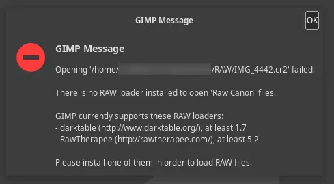 GIMP notice that RAW cannot be opened