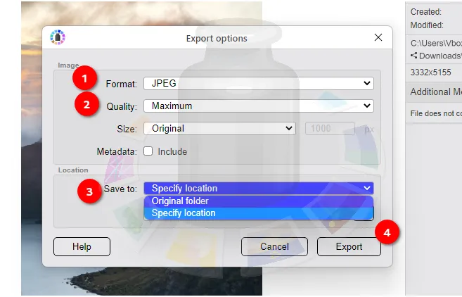 Export dialog in Tonfotos app