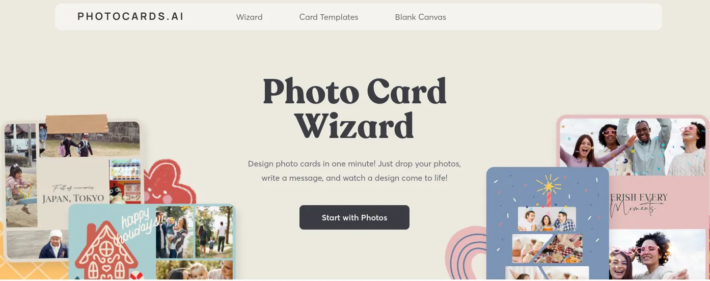 Home page of the service for creating photo collages Photocards