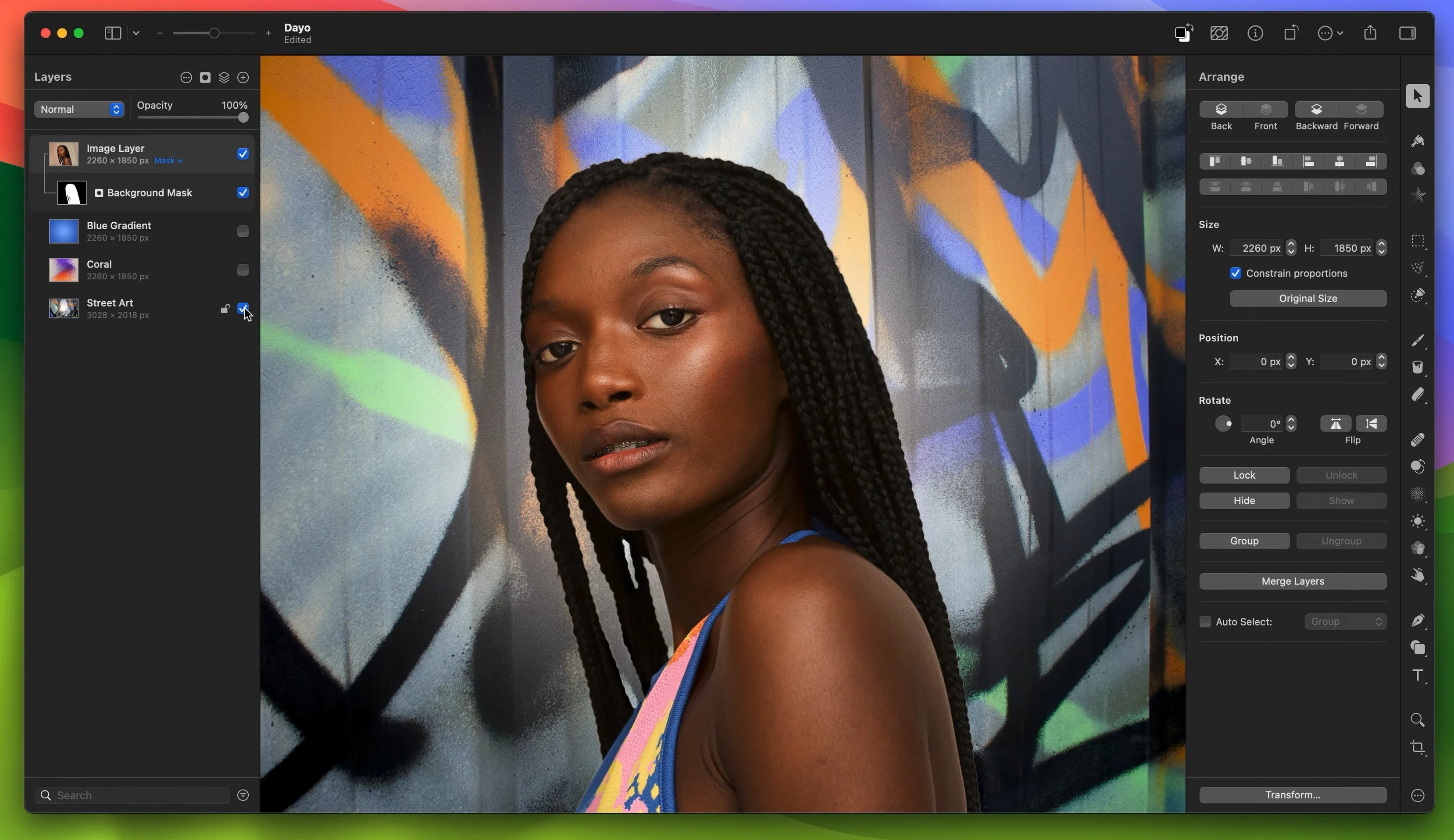 Pixelmator Pro interface and photo processing example
