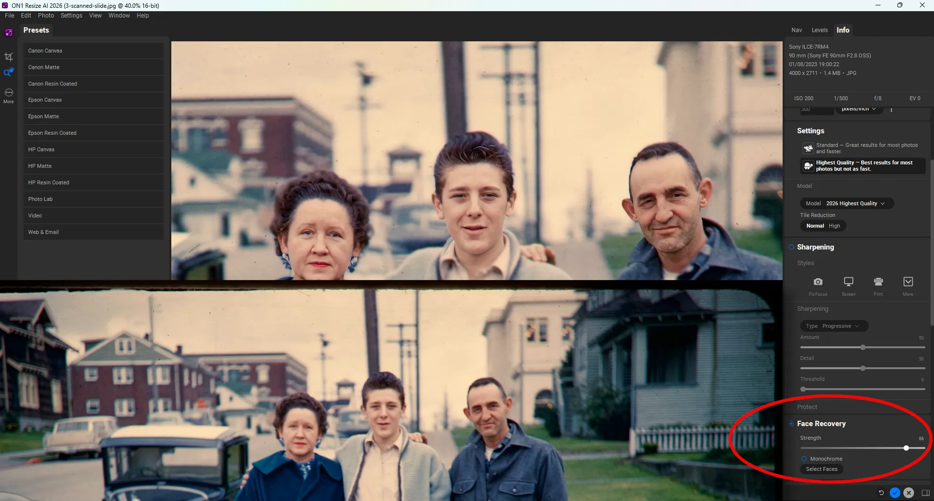 The result of face restoration in a photo using ON1 Resize AI