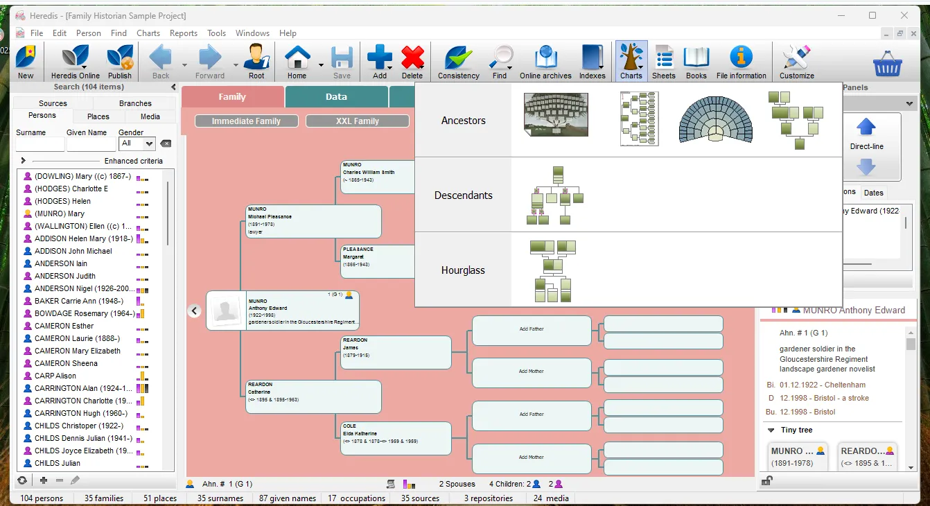 Template options for generating a printed image of a family tree