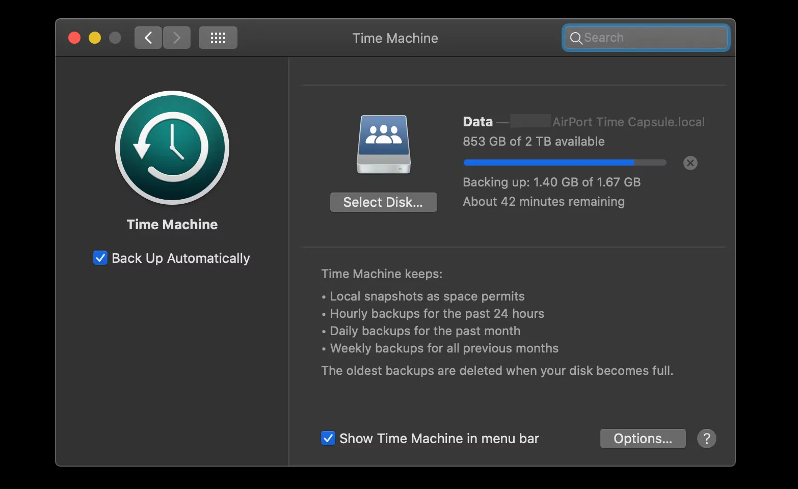 TimeMachine window for backup in MacOS environment
