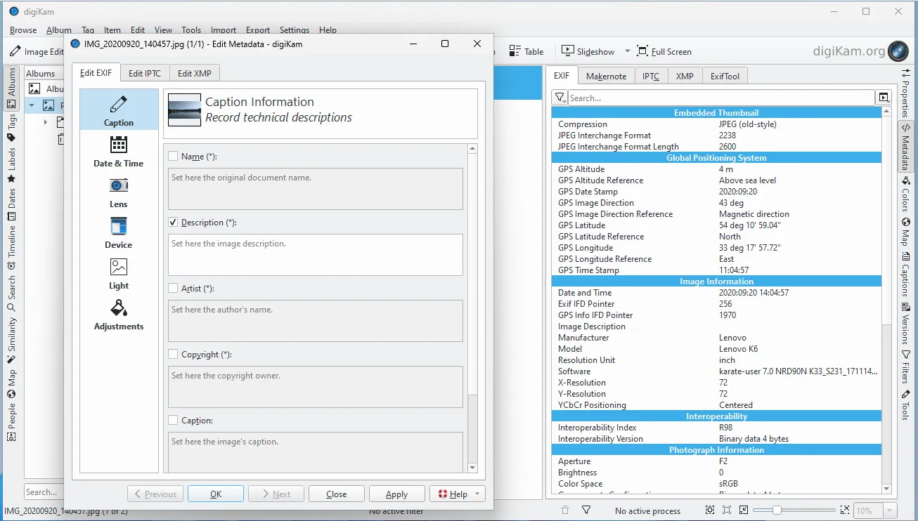 View and edit photo metadata in DigiKam