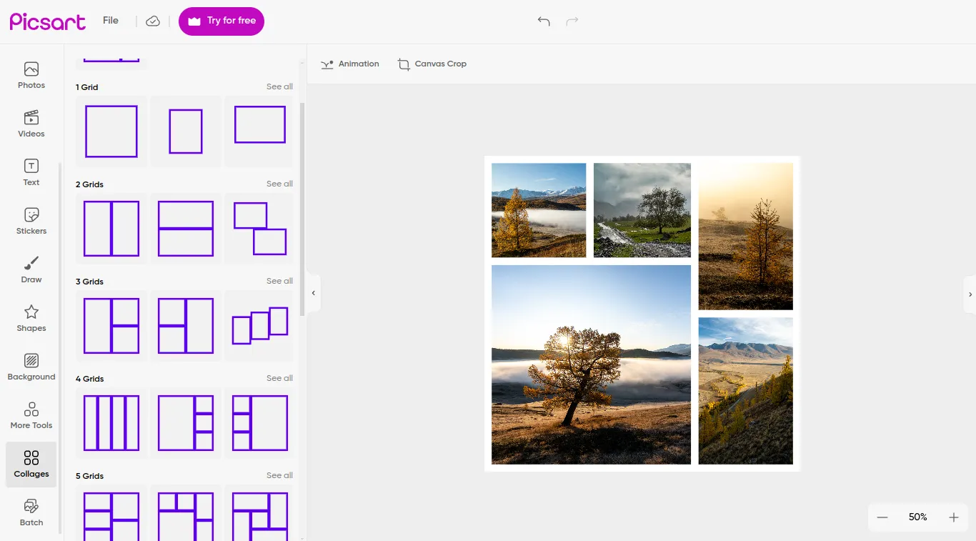 Picsart web interface for creating a collage from photos online